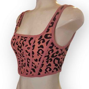 Shein pink cropped leopard bustier back zip top size small